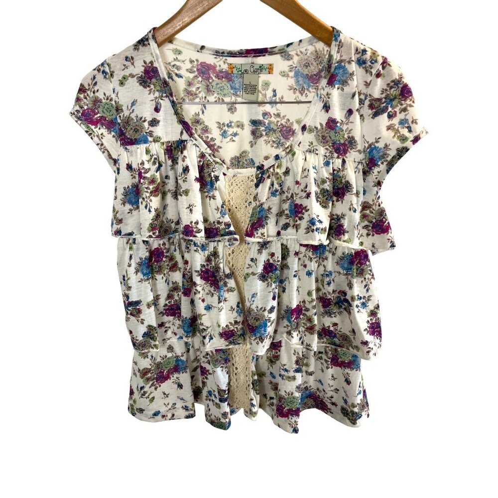 Love Change Floral Ruffle Tiered Cap Sleeve Lightweight Lacey Detail Top Sz L